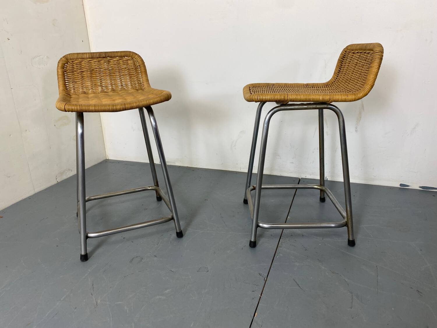 Tabourets Vintage en Acier et Rotin Dirk Van Sliedregt, 1960s, Set de 2
