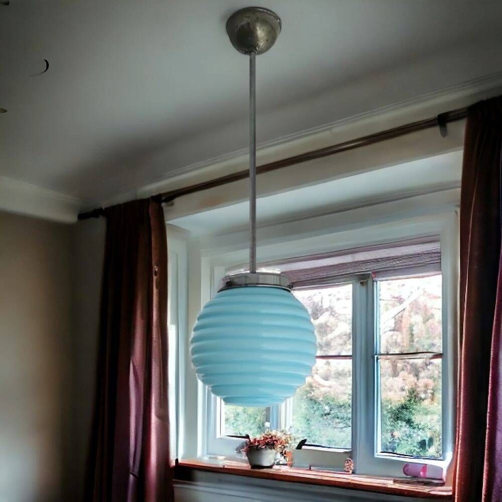 Vintage blue ribbed glass art deco hanging lamp 1950s