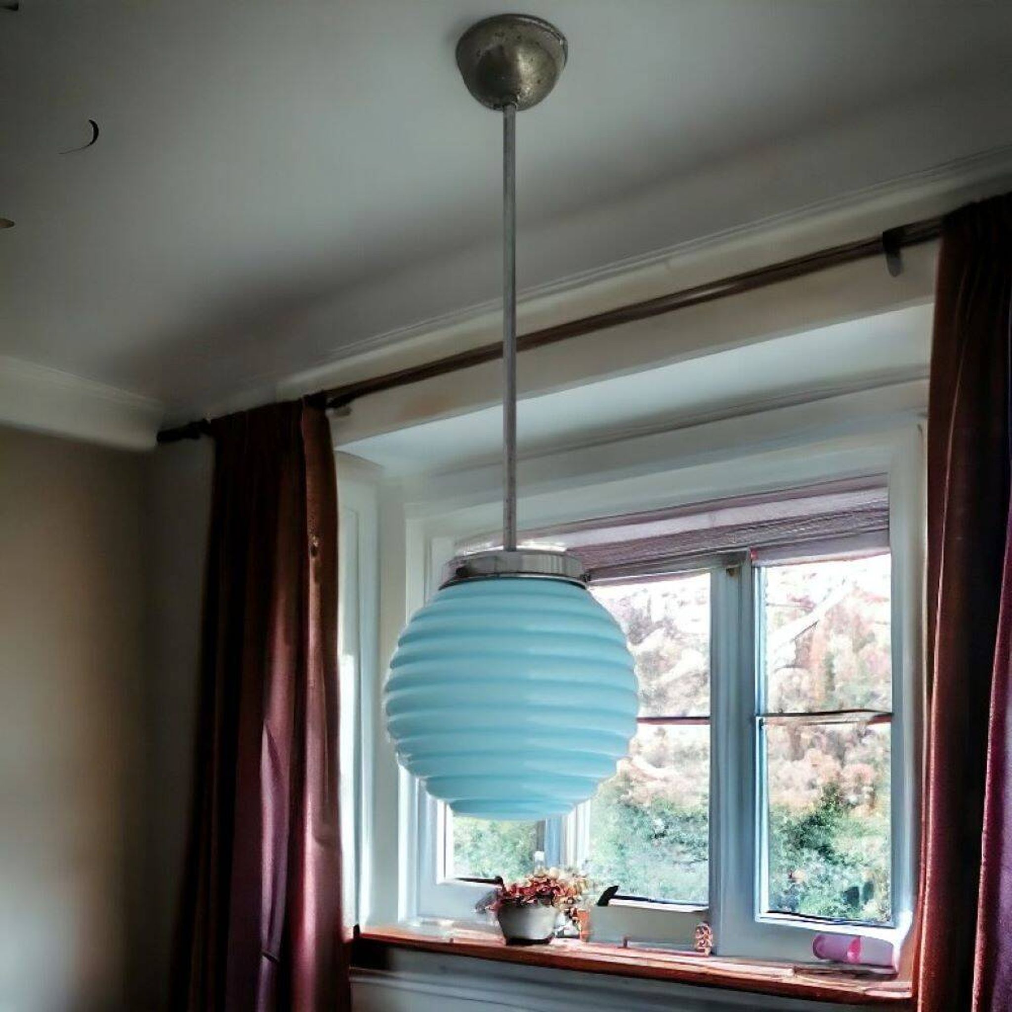 Lampe à suspension vintage art déco en verre nervuré bleu 1950