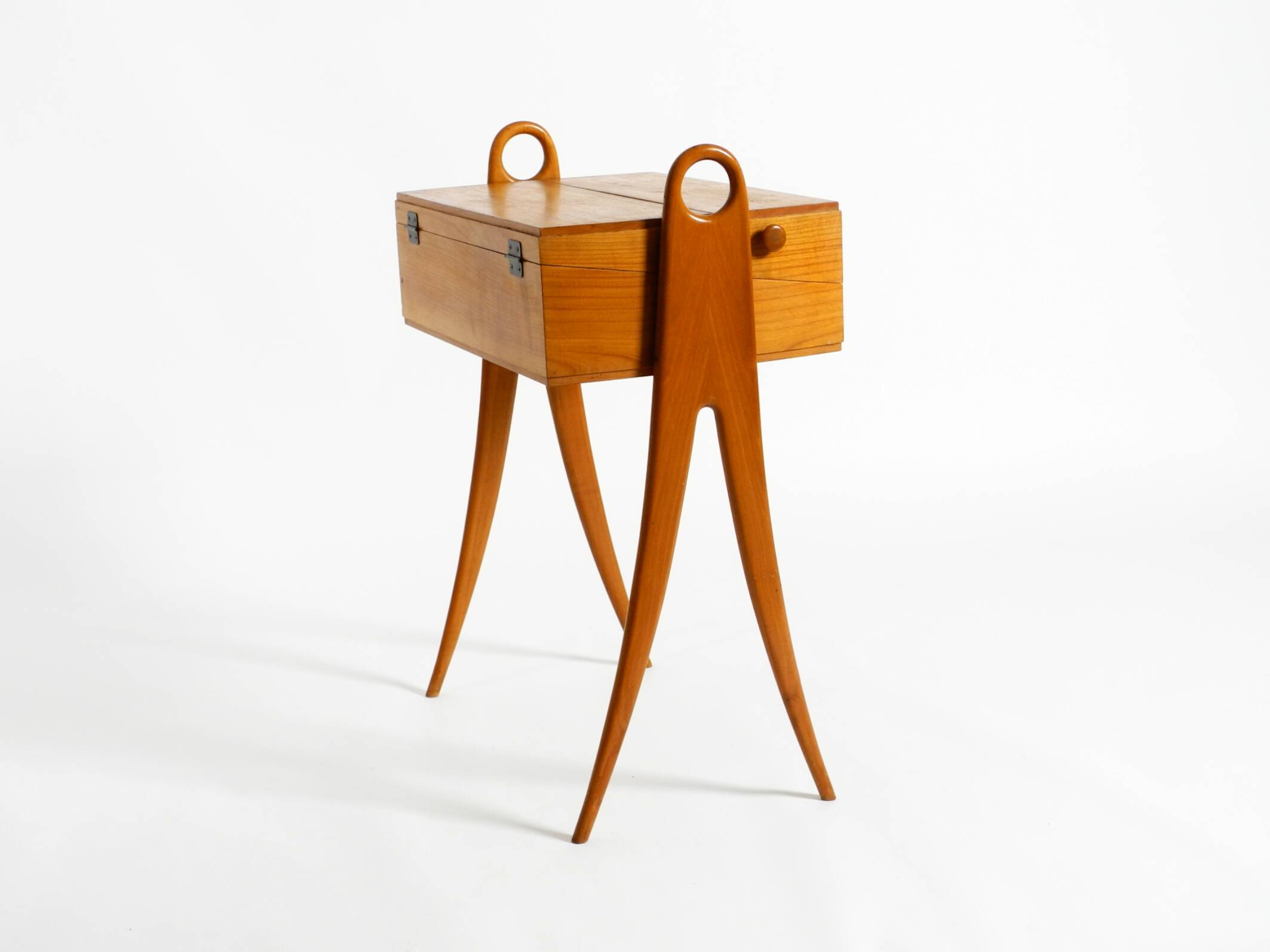 1950s ash wood sewing box, with a hinged top, multiple compartments