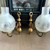 Paire d’appliques murales vintage en laiton et verre dépoli gravé