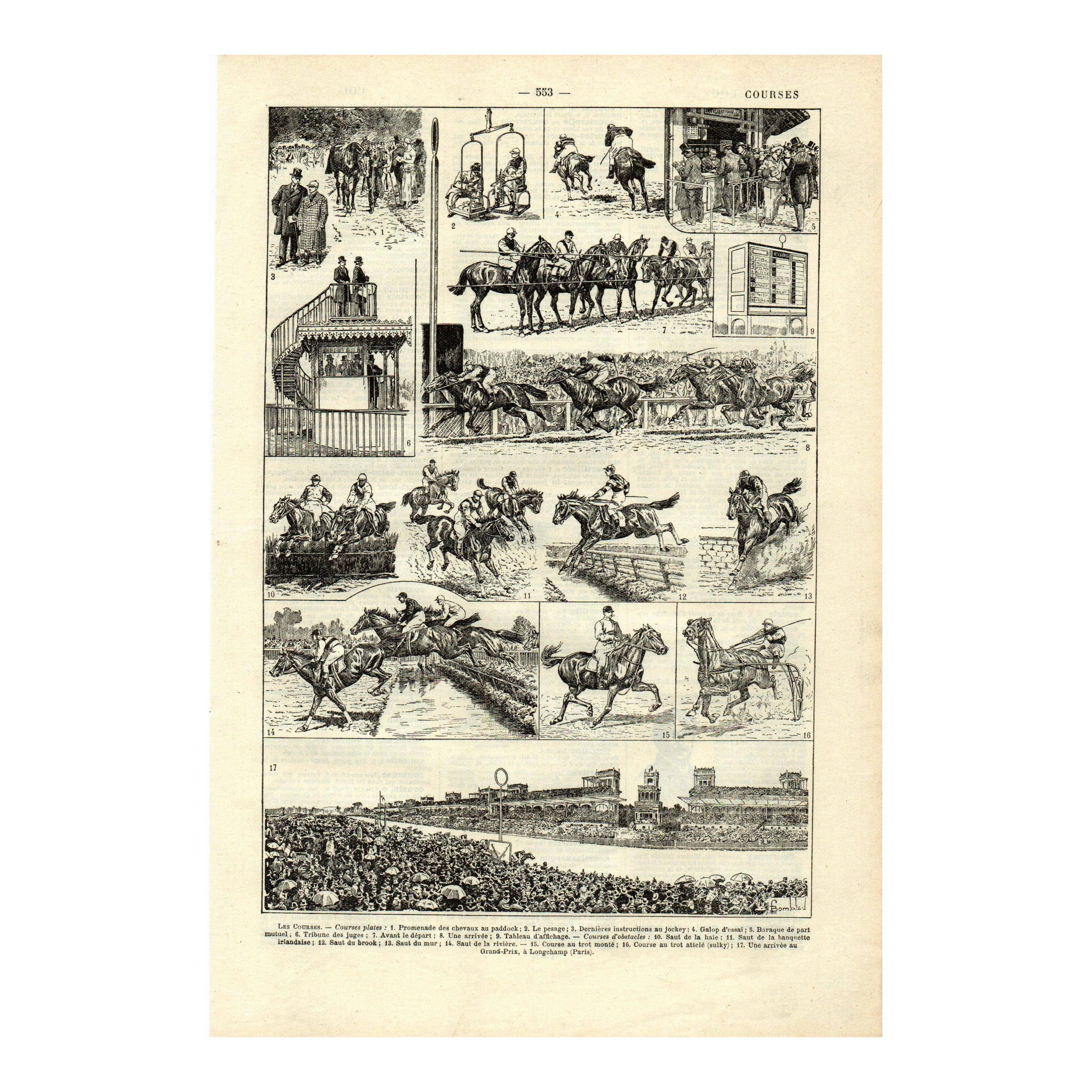 Gravure ancienne 1923 - Courses hippiques par L. Bombled - Cheval litho