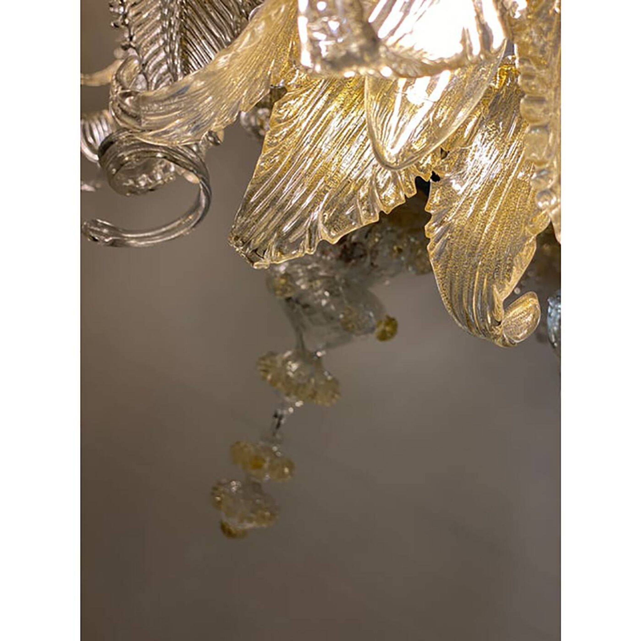 Glass Clear and Gold Chandelier With Flowers and Leaves