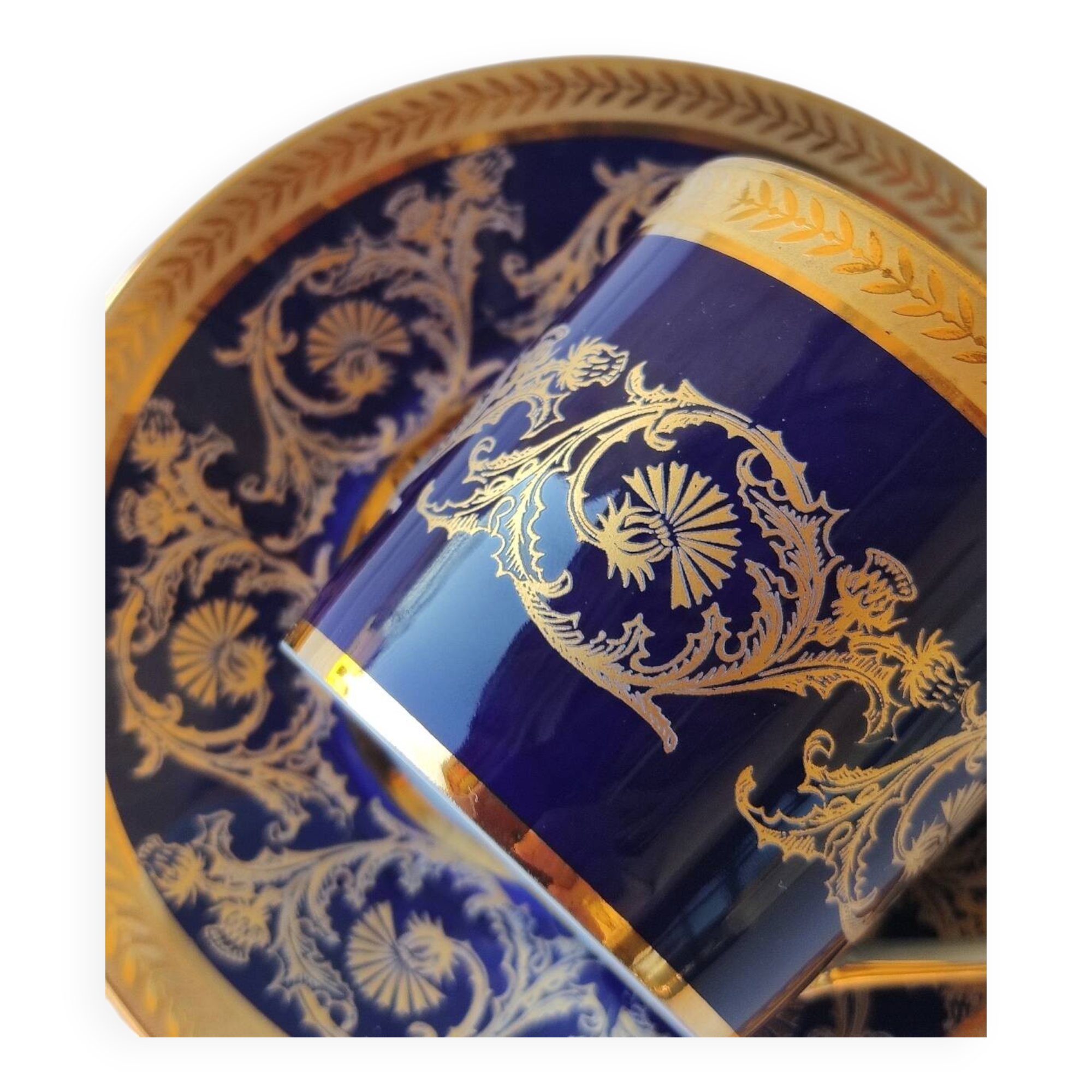 6 litron cups and saucers - oven blue and gold - Limoges porcelain