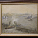 Huile sur toile scène de marine l'entrée au port XX