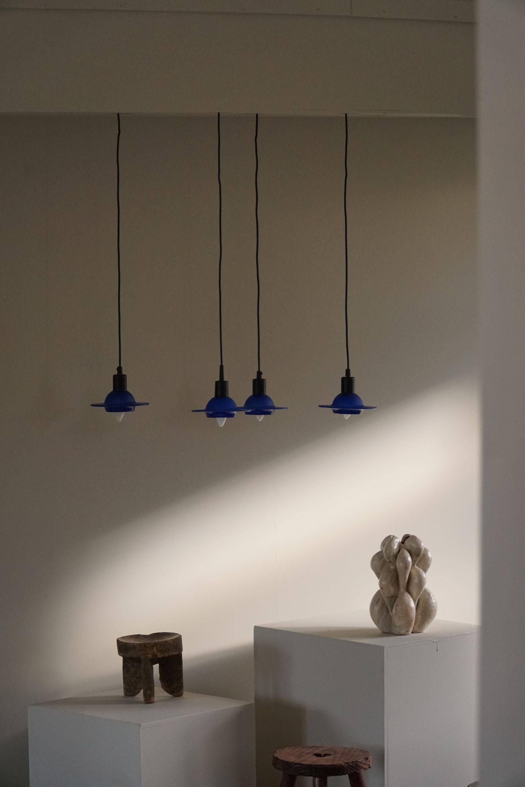 Set of 4 vintage blue glass pendants, made by Design Light A/S, Denmark, 1990s.