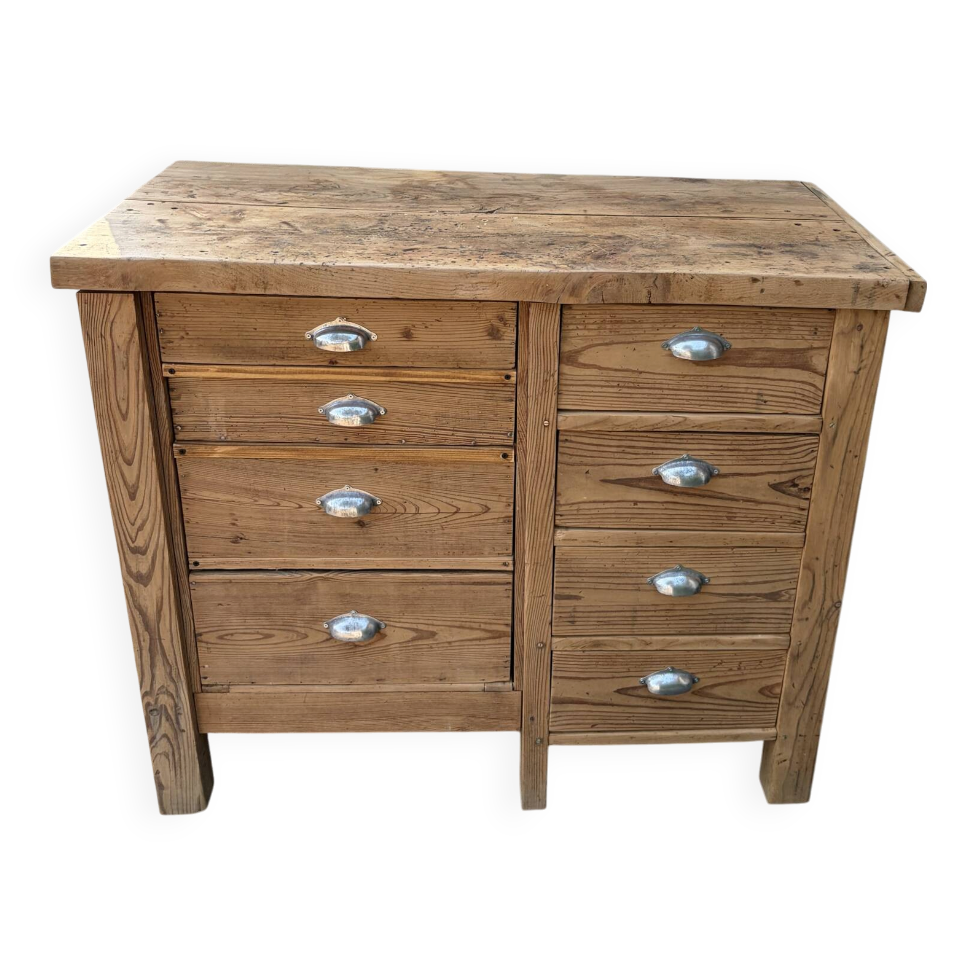 Old wooden workbench with 8 drawers.