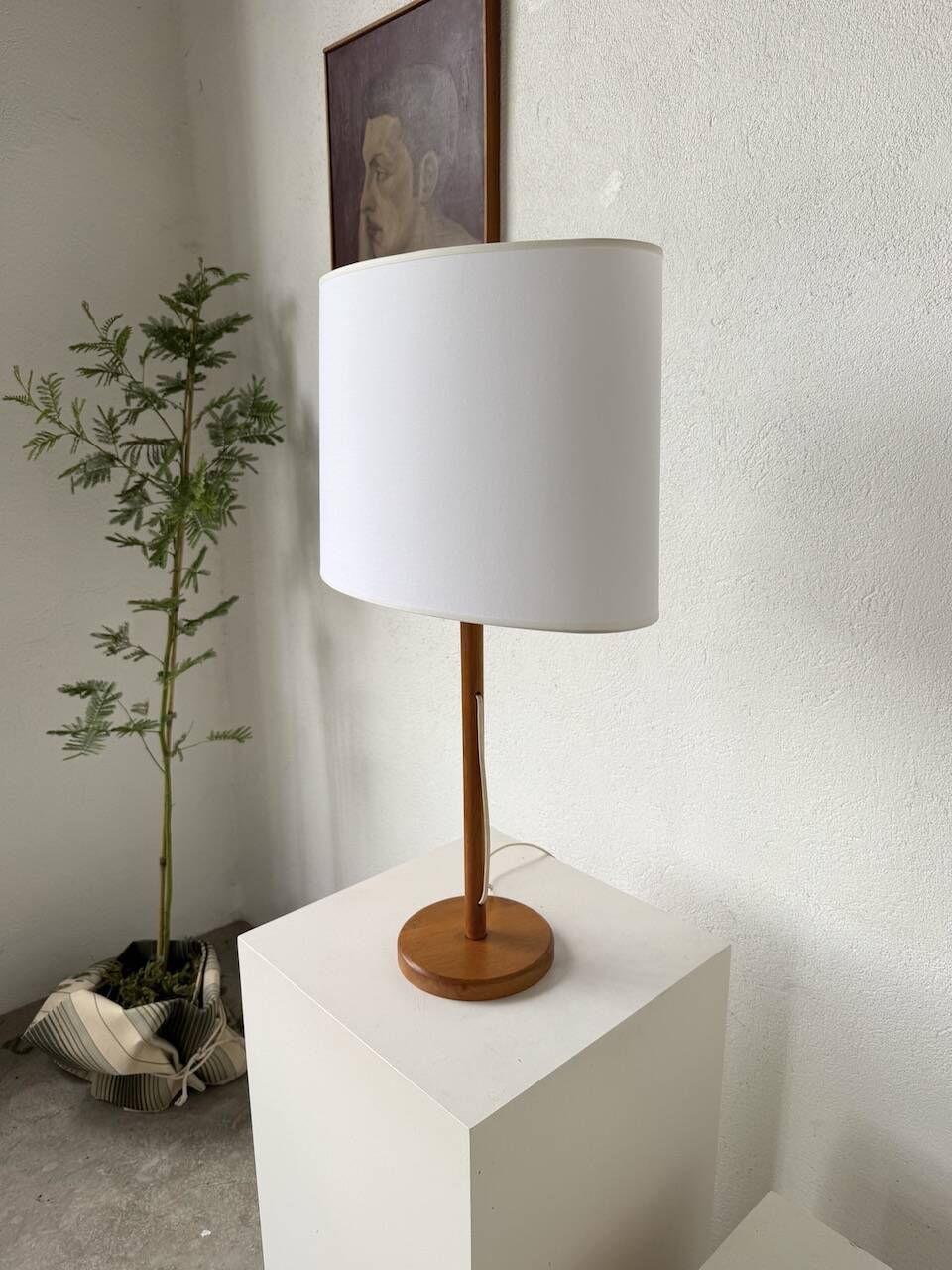 70s oak wood table lamp