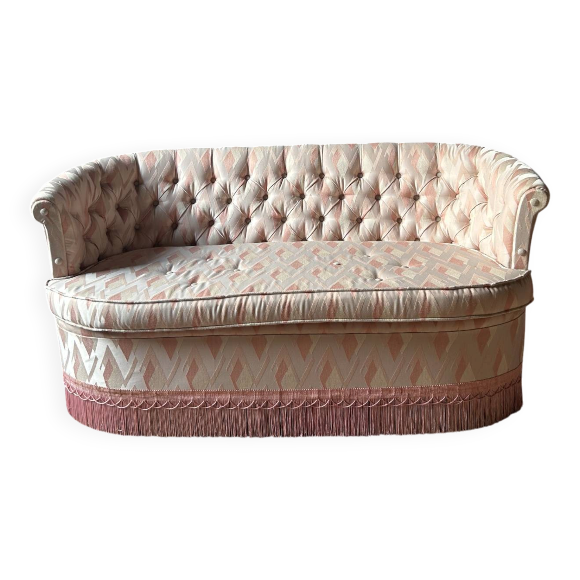 Small vintage 2-seater sofa from the 70s in Hollywood Regency style, satin pink.