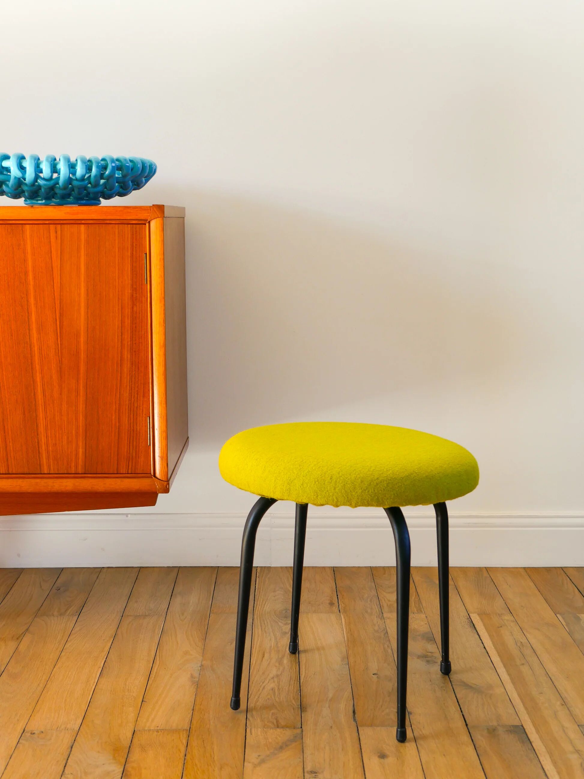 Black iron stool and boiled wool, green, 1960