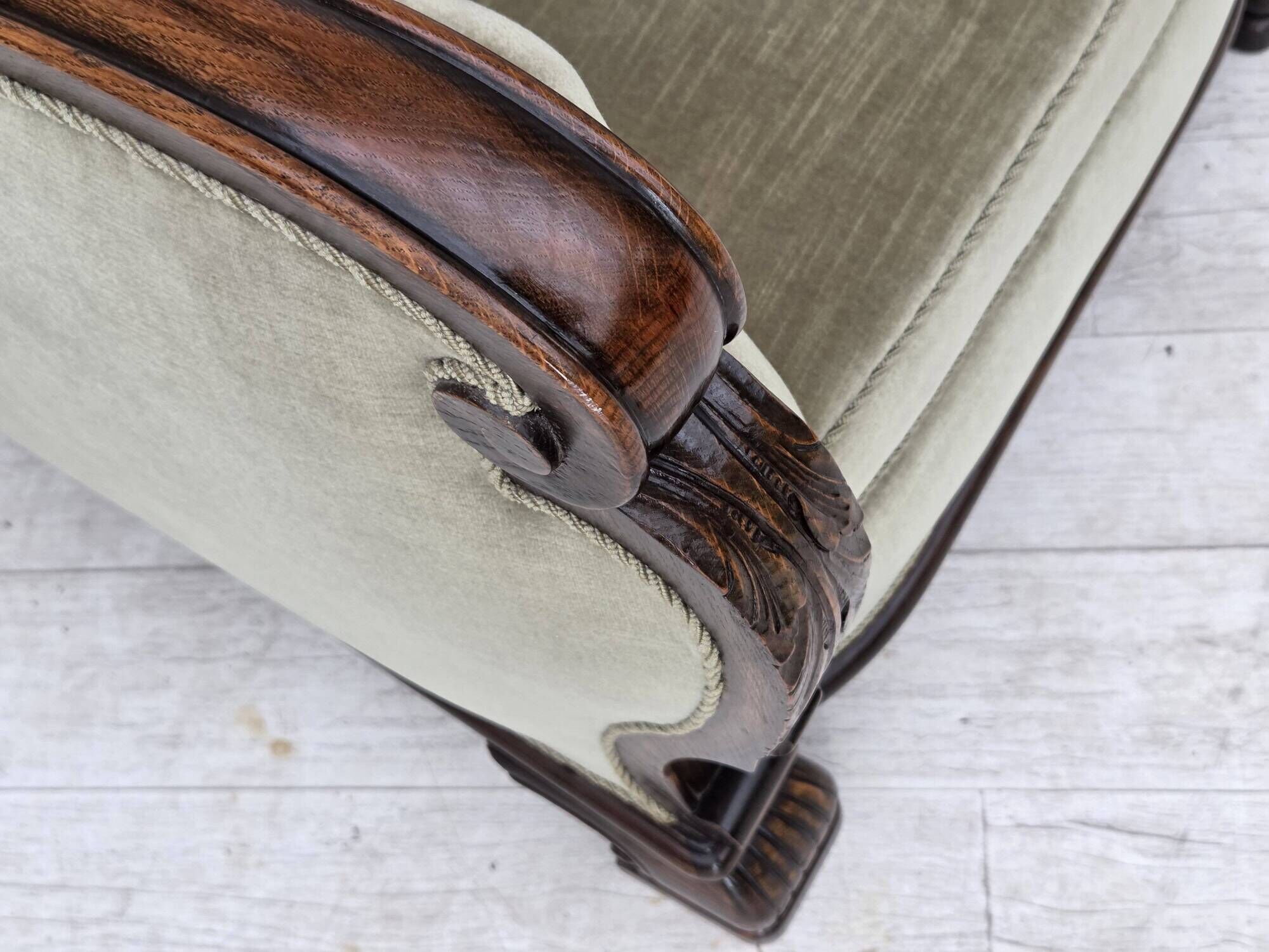 1950s, Danish relax armchair, furniture velour, carved oak wood.