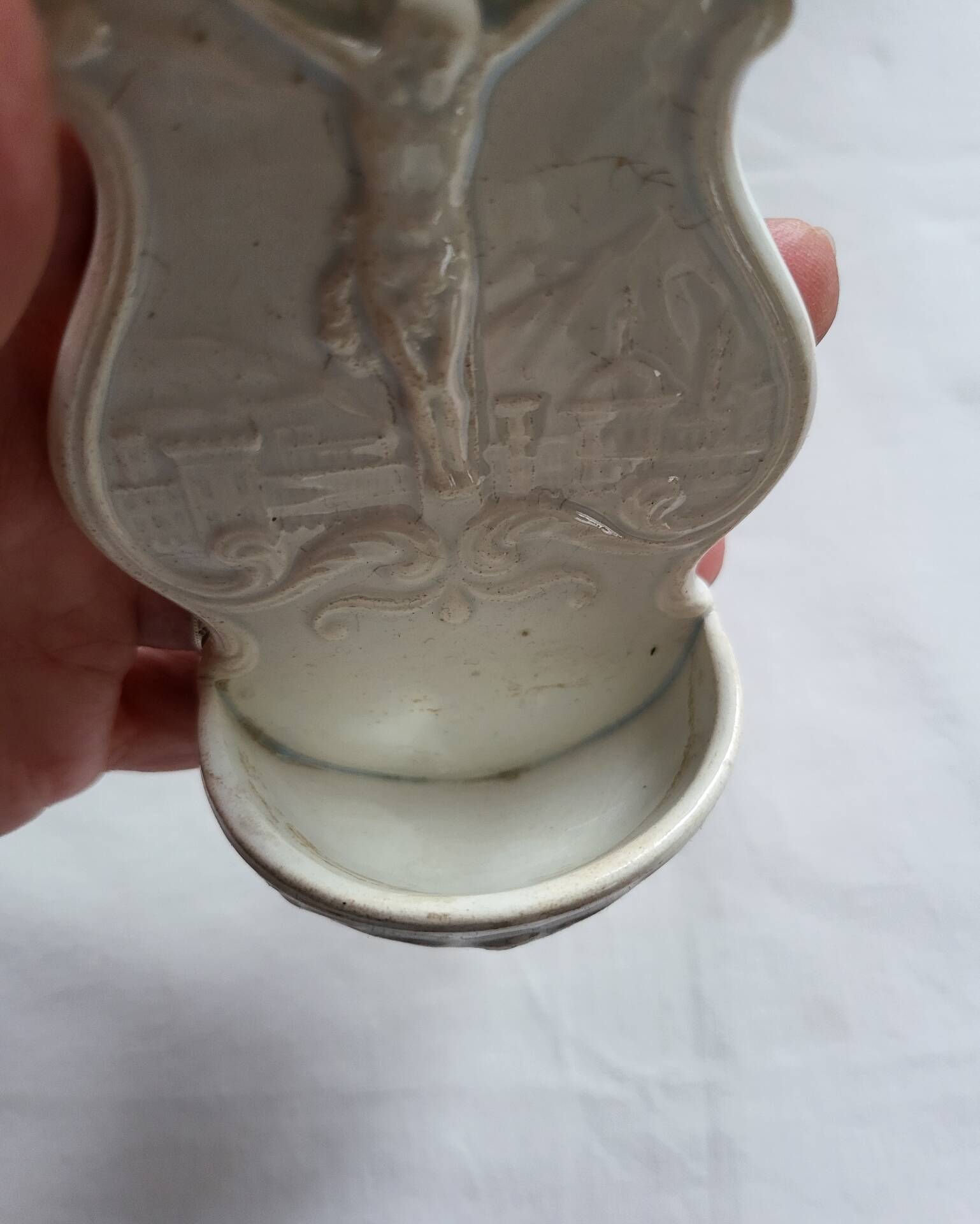 Antique Baptismal Font in Fine Faience Creil and Montereau White Christ Cross