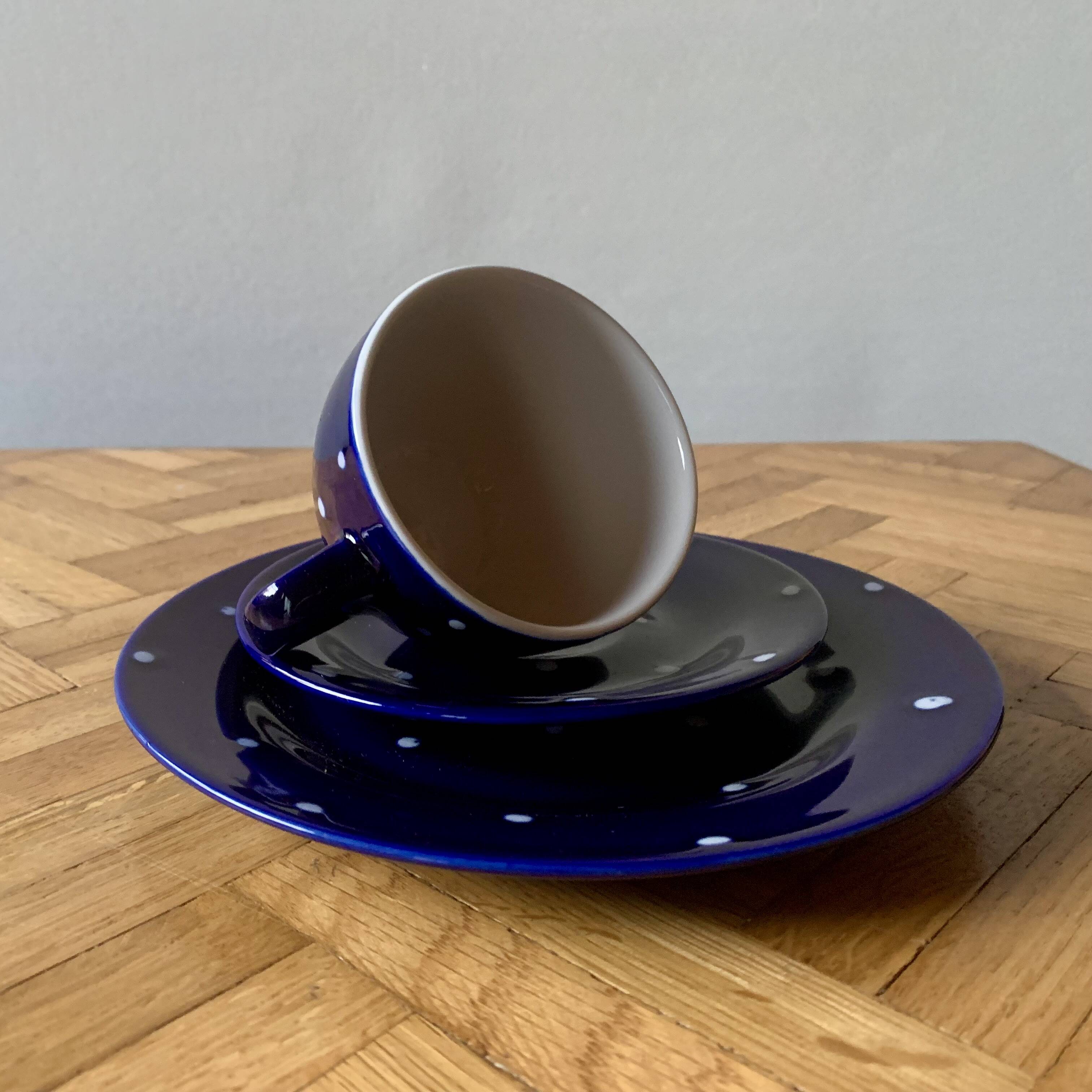 Vintage midnight blue coffee and dessert set with white dots - Glazed ceramic Feinsteinzeug
