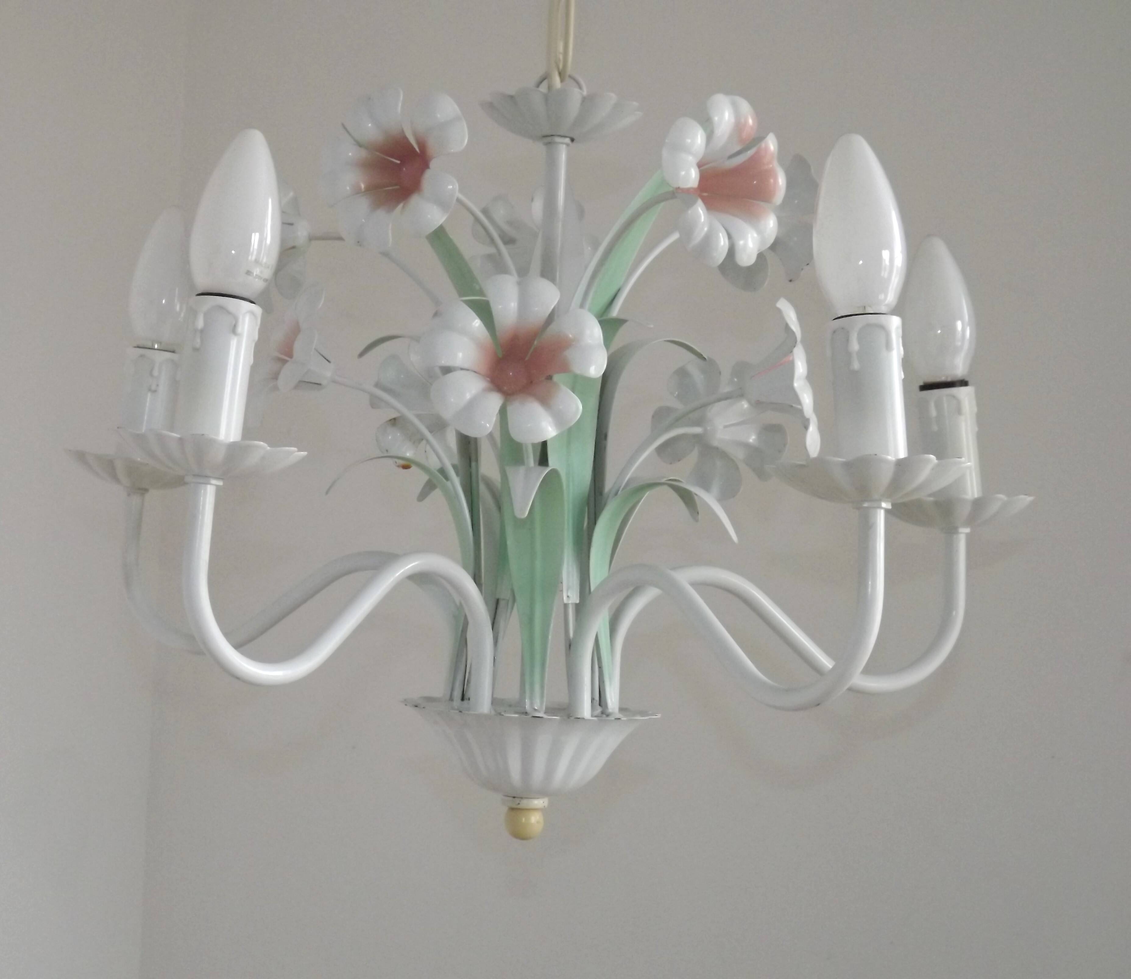 French Vintage 5 Light White Metal Chandelier With Pretty Pink Flowers