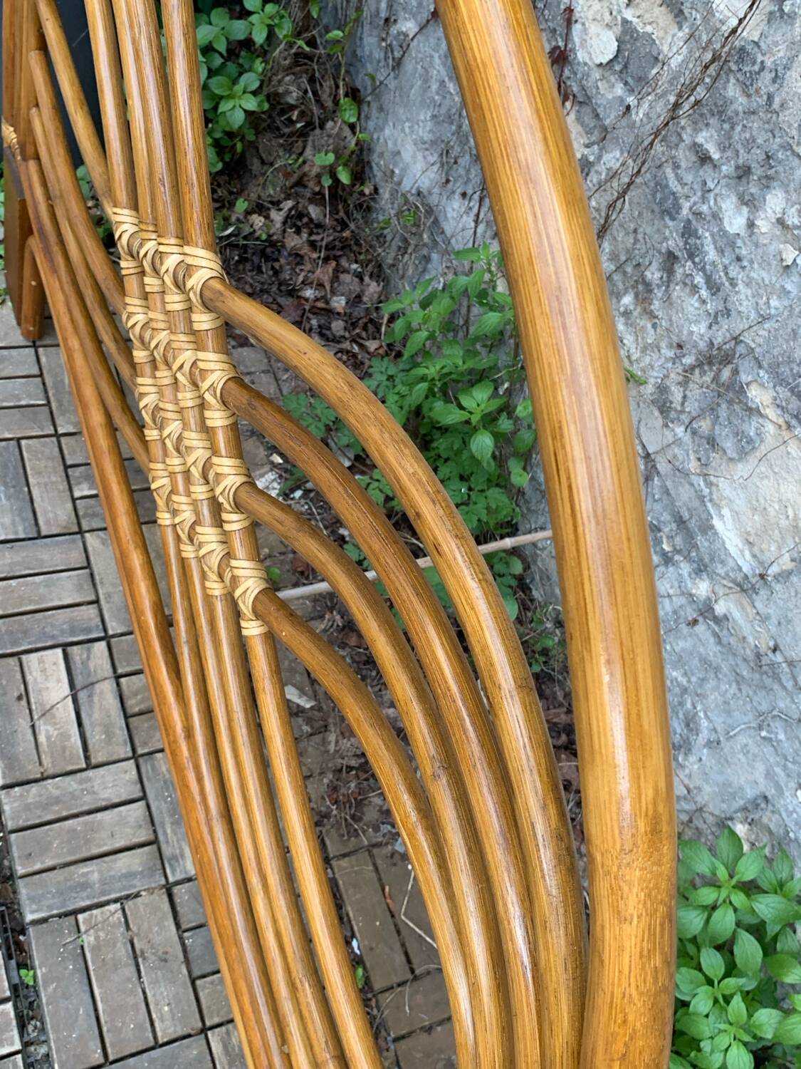 Rattan and leather headboard 140cm vintage 1970