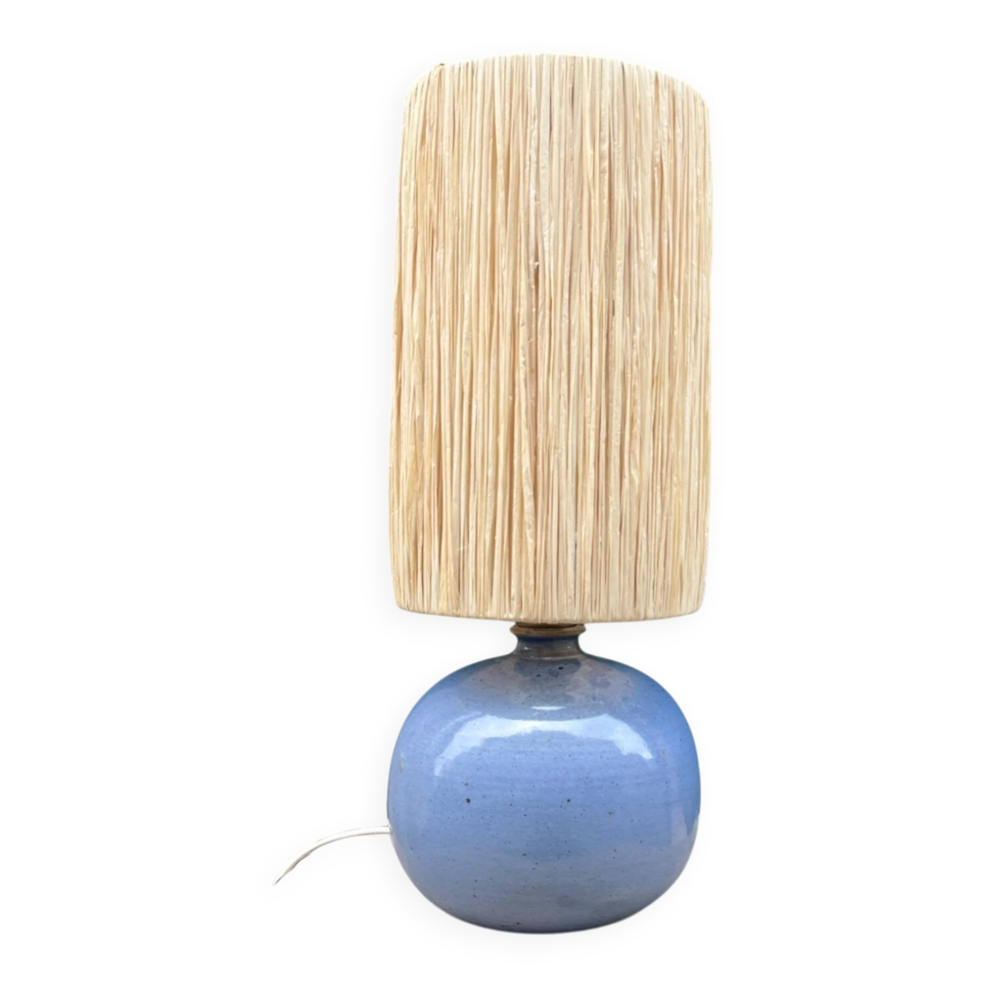 Lampe boule signé en céramique grès bleu lavande abat-jour corde ou raphia