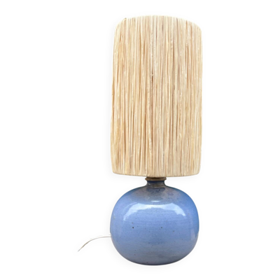 Lampe boule signé en céramique grès bleu lavande abat-jour corde ou raphia