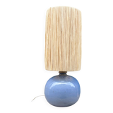 Lampe boule signé en céramique grès bleu lavande abat-jour corde ou raphia