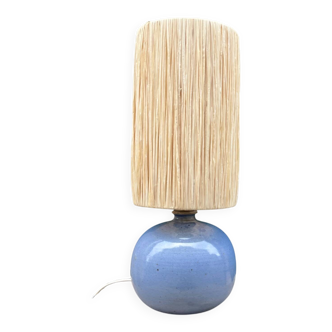 Lampe boule signé en céramique grès bleu lavande abat-jour corde ou raphia