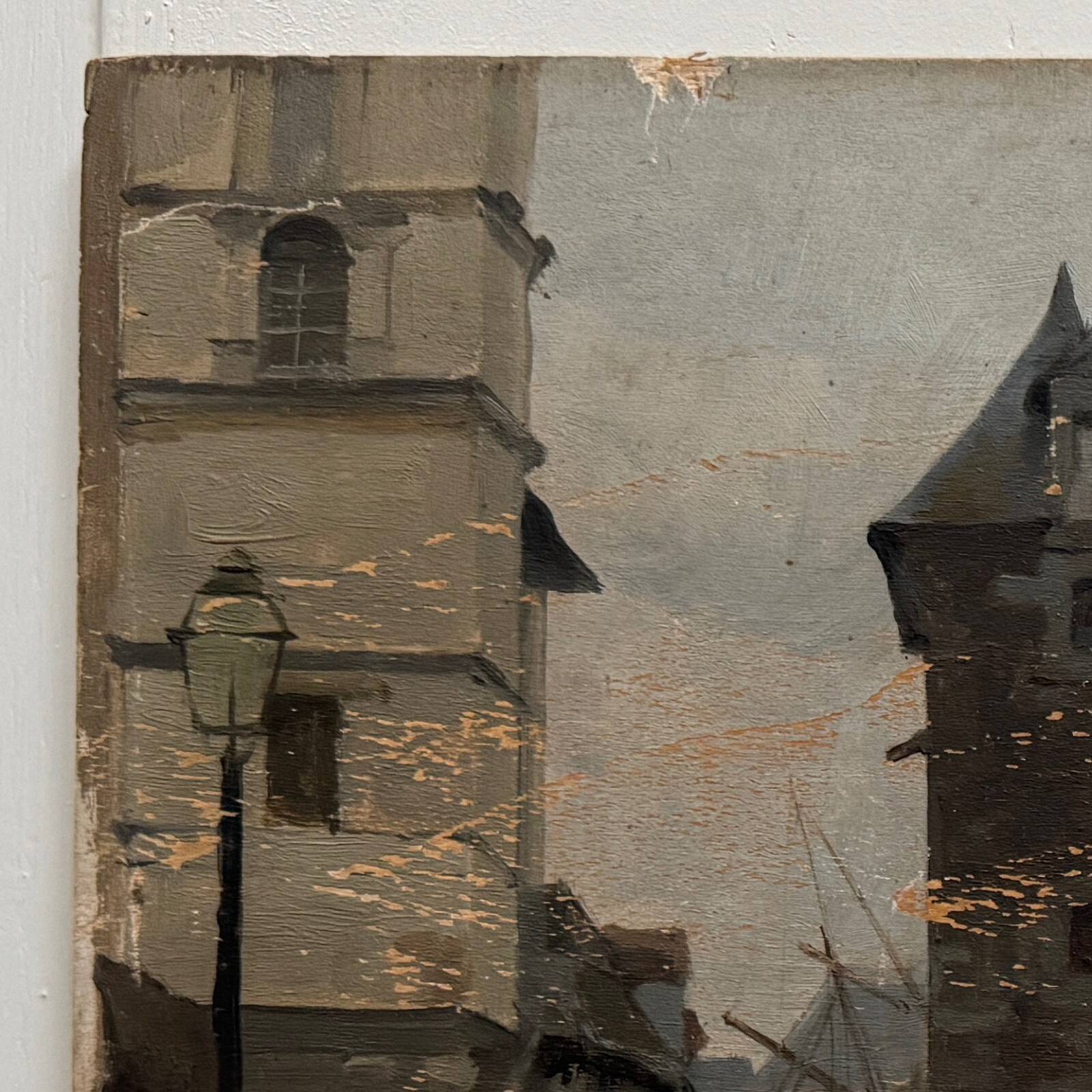 Oil on panel street scene by Roy 1856