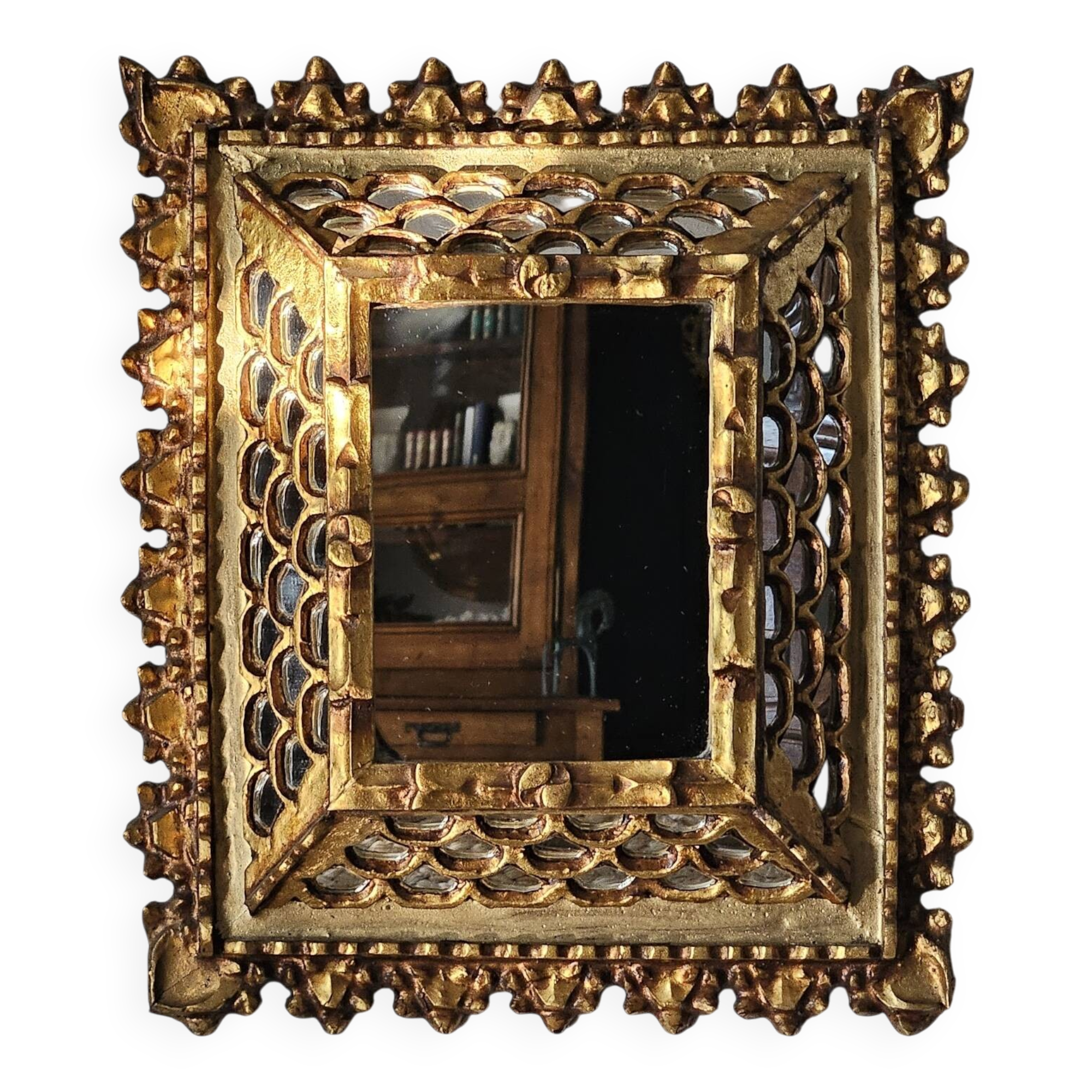 Vintage ethnic mirror, handcrafted golden wood, 1950.