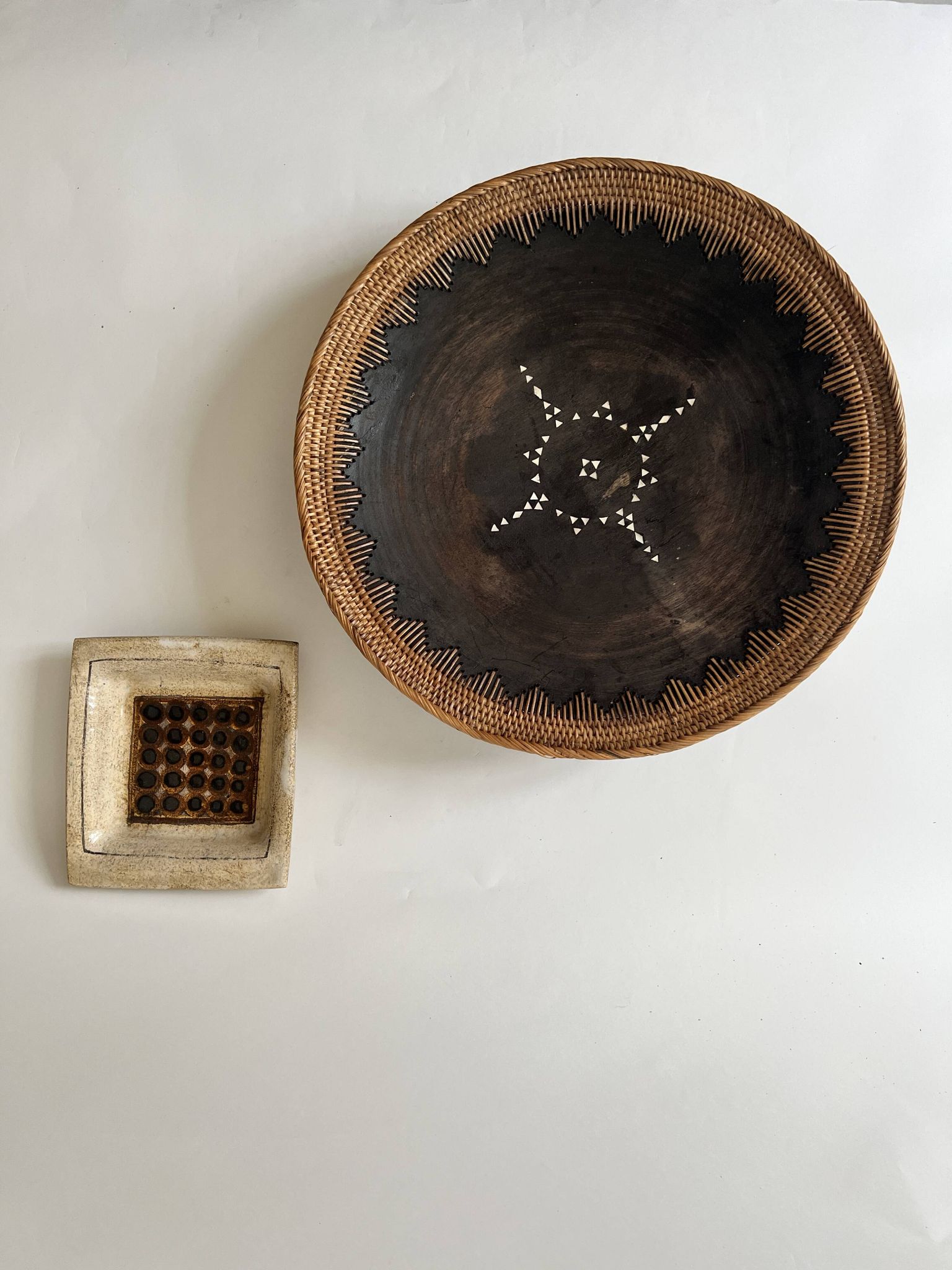 Large basket/trinket tray in blackened wood, wickerwork & mother-of-pearl
