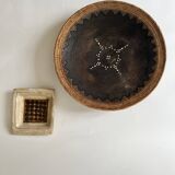 Large basket/trinket tray in blackened wood, wickerwork & mother-of-pearl