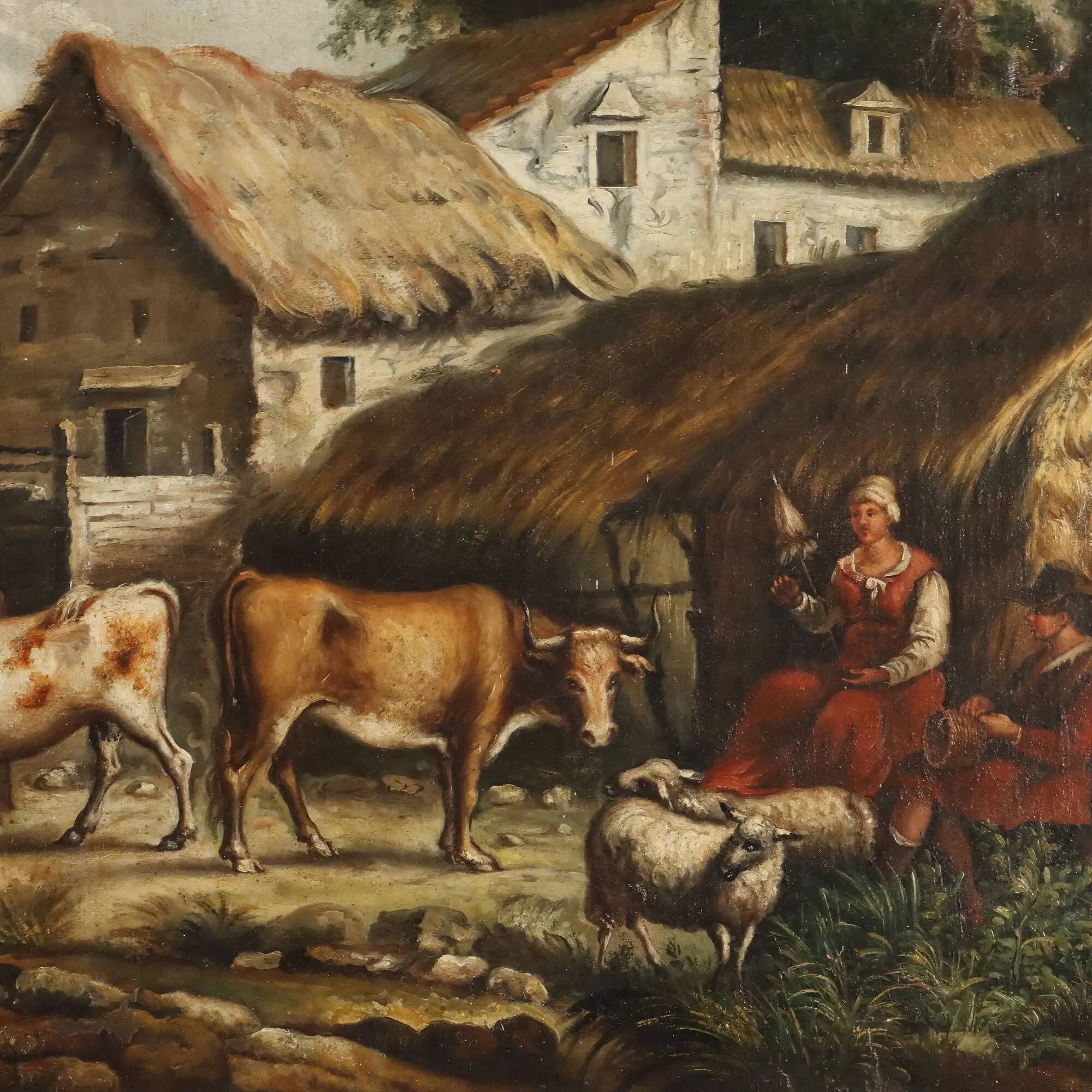 Ancient painting of a bucolic landscape, oil on canvas, Europe, 19th century.
