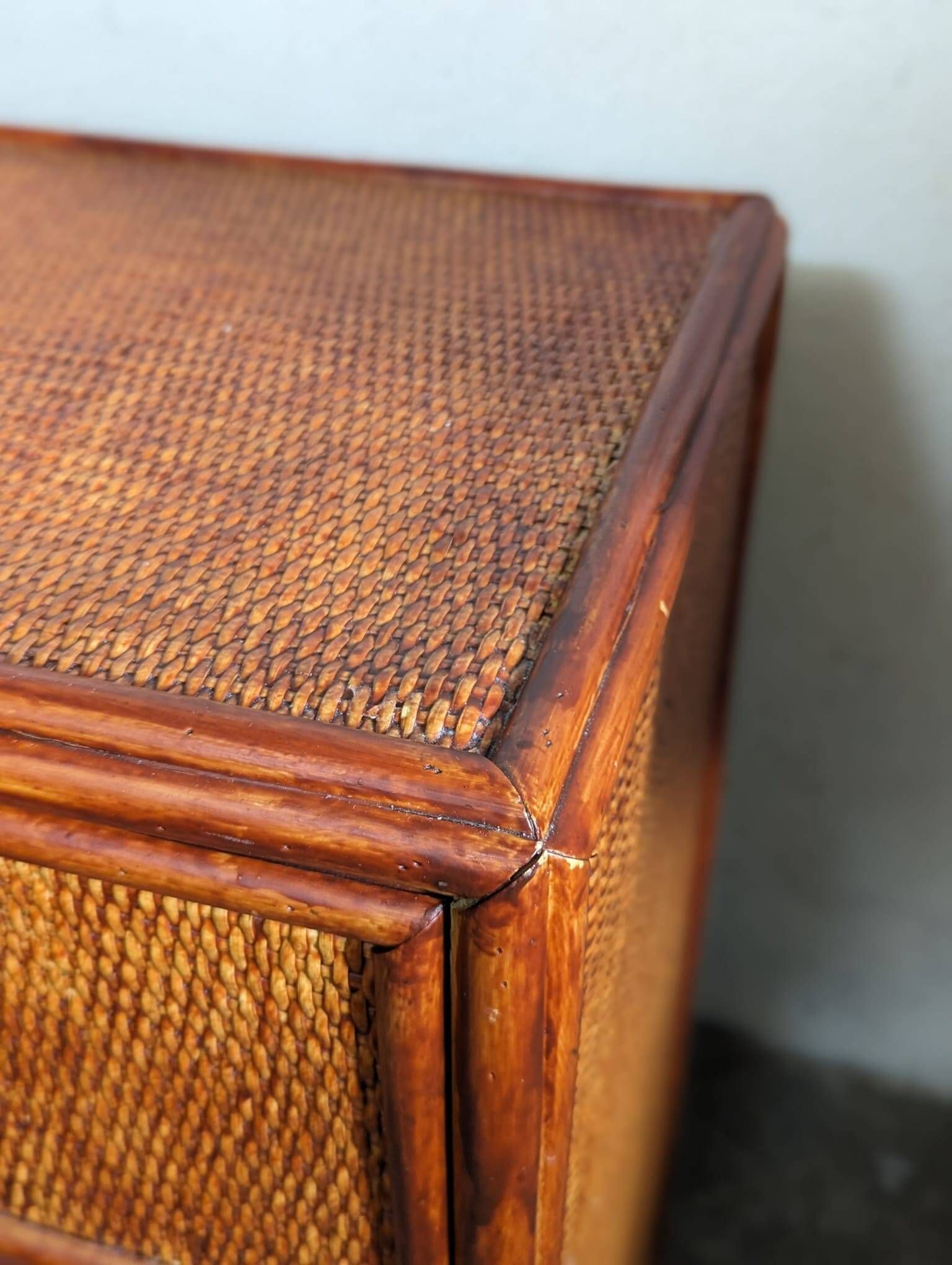 Rattan chest of drawers with one large drawer and two hinged doors - mahogany color