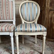 Pair of Louis XVI style chairs in painted wood and satin, classic elegance.