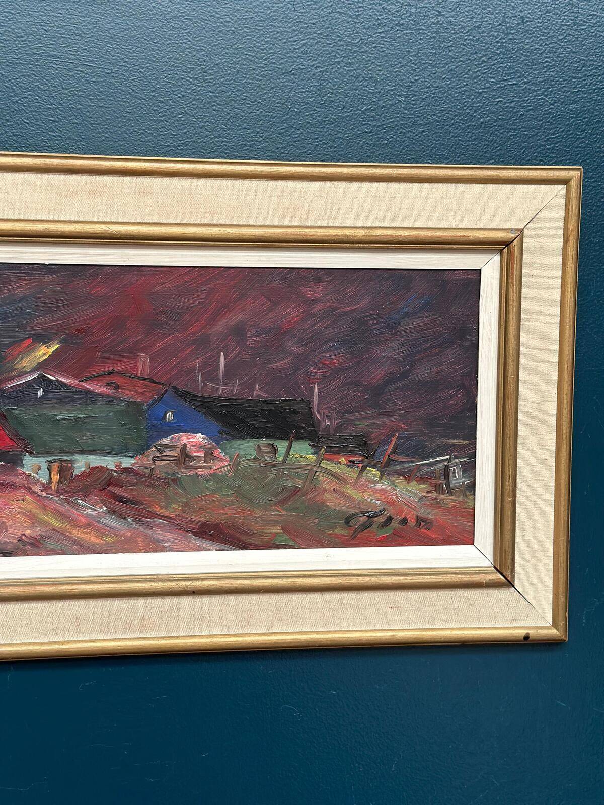 Original Swedish Oil on Panel – “Huts” – Vintage & Framed – 77 × 41 cm