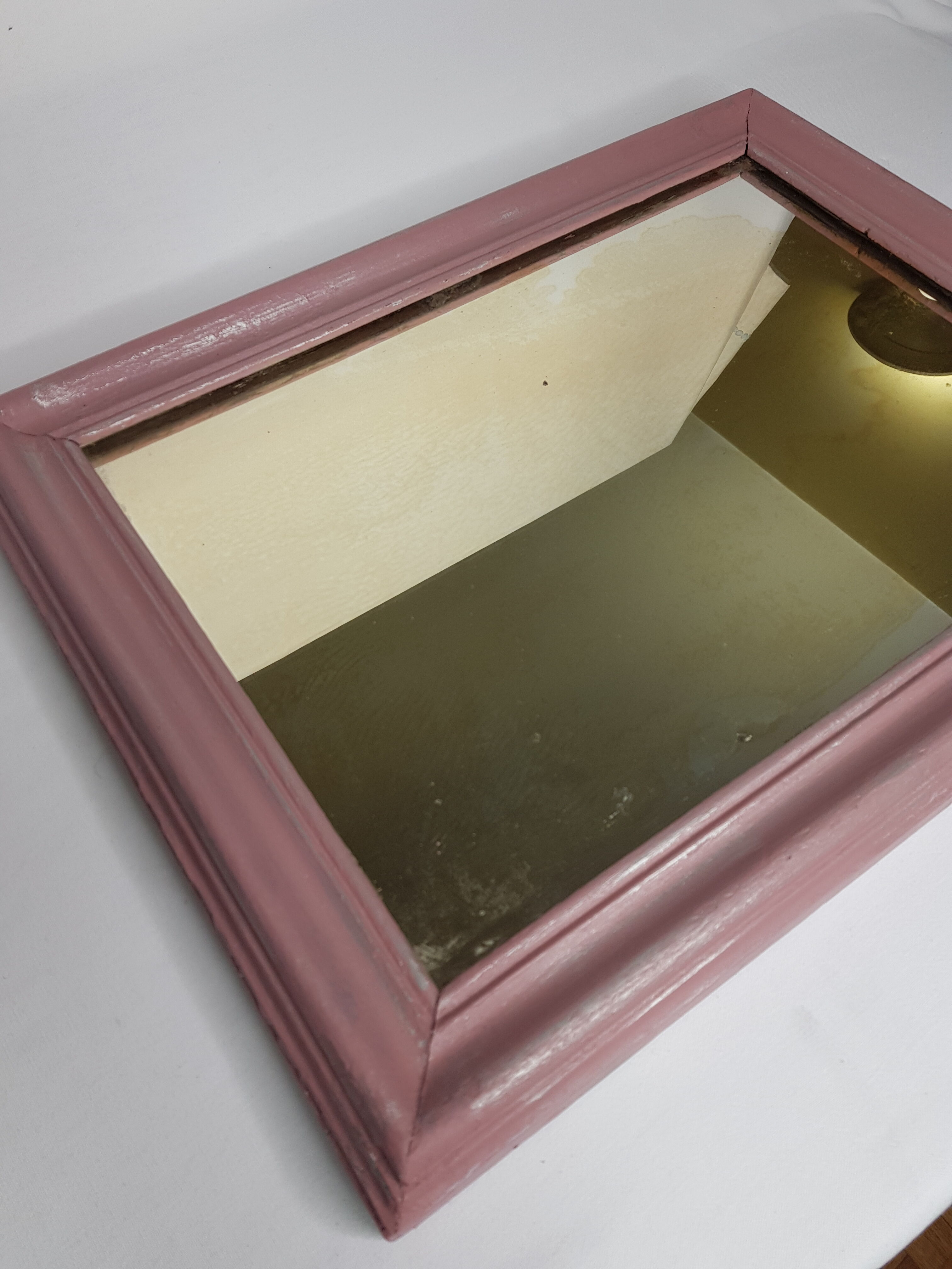 Old rectangular mirror, old pink color, silver patina 50 cm