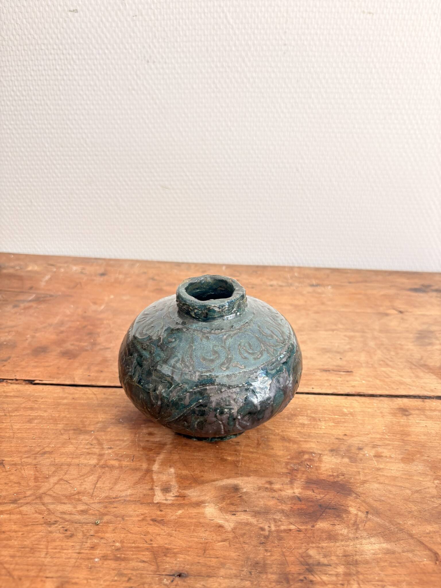 Glazed Engraved Bowl Vase with Geometric Flowers, Popular Art from the 50s