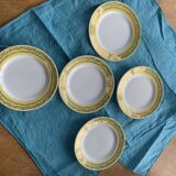 6 small plates with yellow borders and floral pattern gold antiques