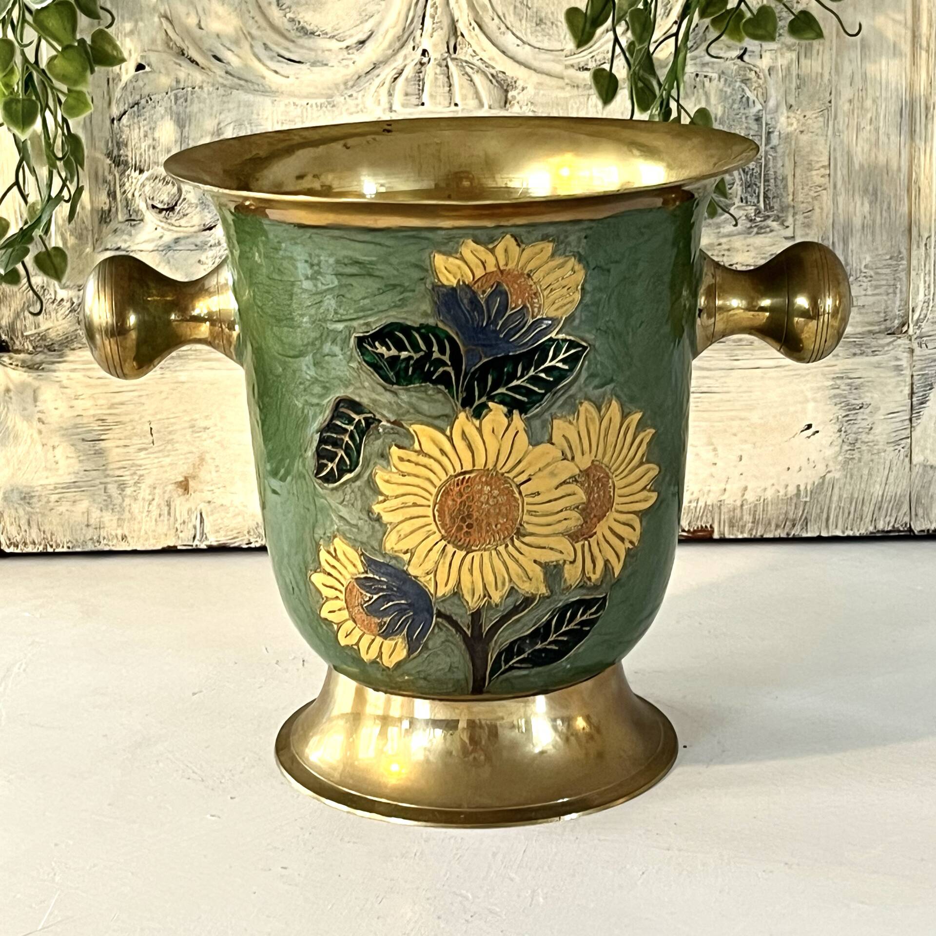 Vintage brass and green enamel cloisonné champagne cooler with sunflow