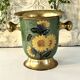Vintage brass and green enamel cloisonné champagne cooler with sunflow