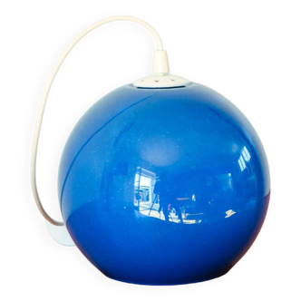 Spherical pendant light in royal blue opaline design 1970