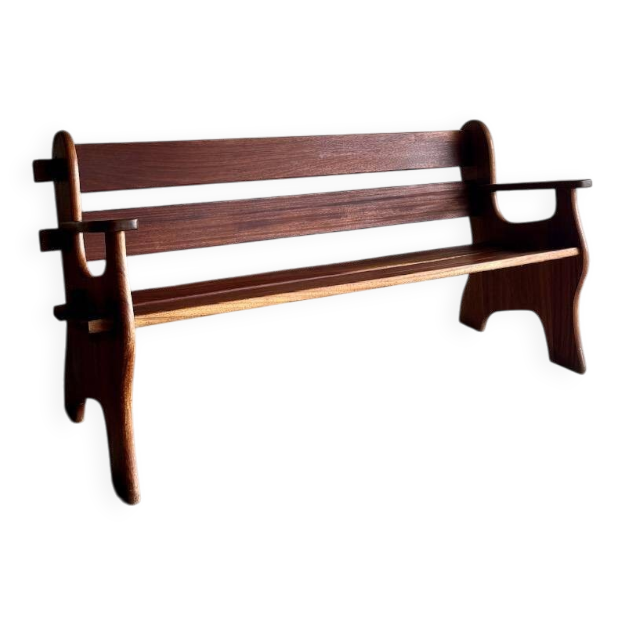 Dark brown solid wood Brutalist 3-seater bench — sculptural mid-century seating (1960s/70s)