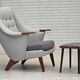 Fauteuil danois à dossier haut avec tabouret, années 1970, laine, bois de teck.