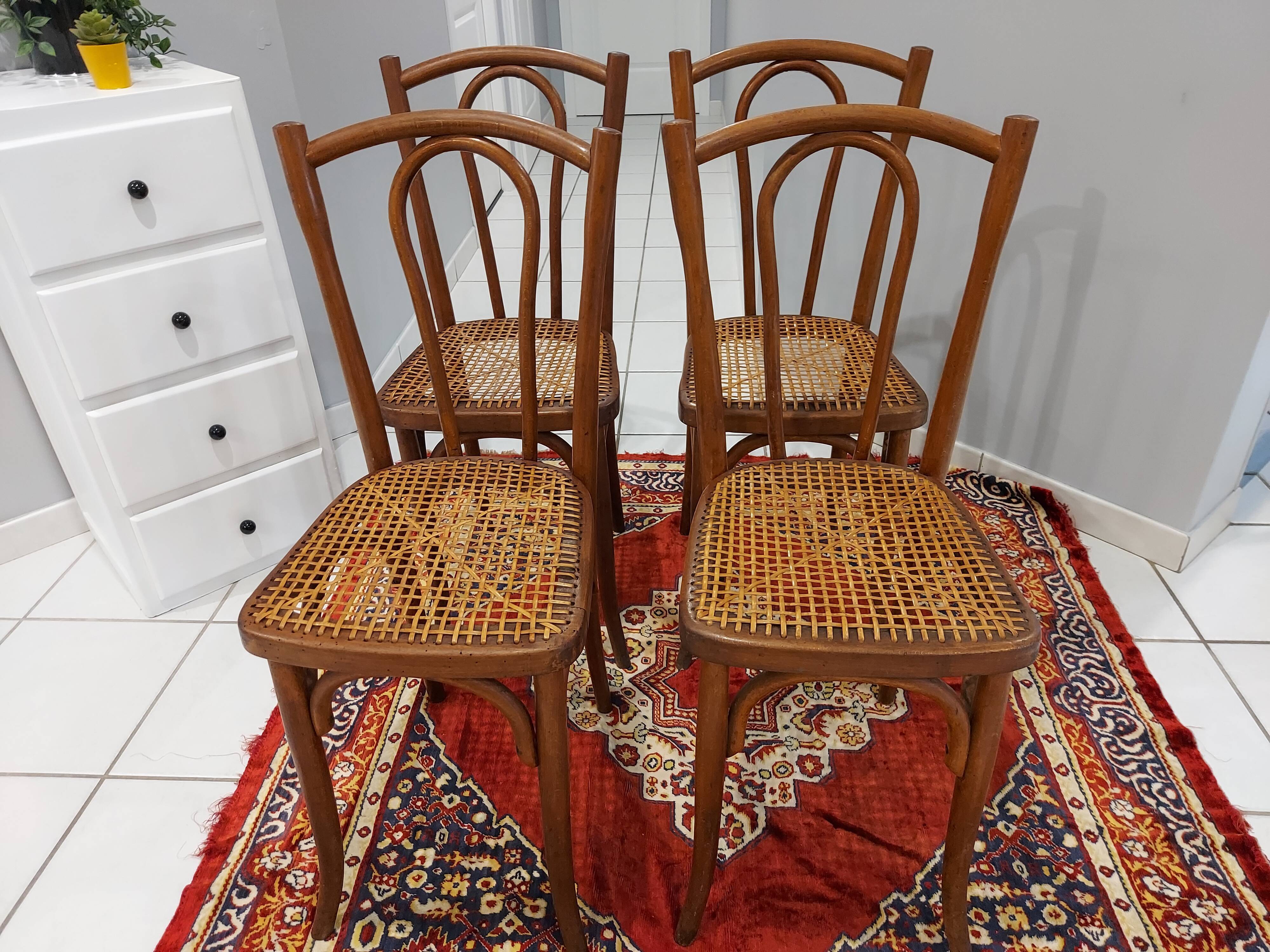 Suite of 4 chairs of Bistrot cannage Japy Frères 1920s