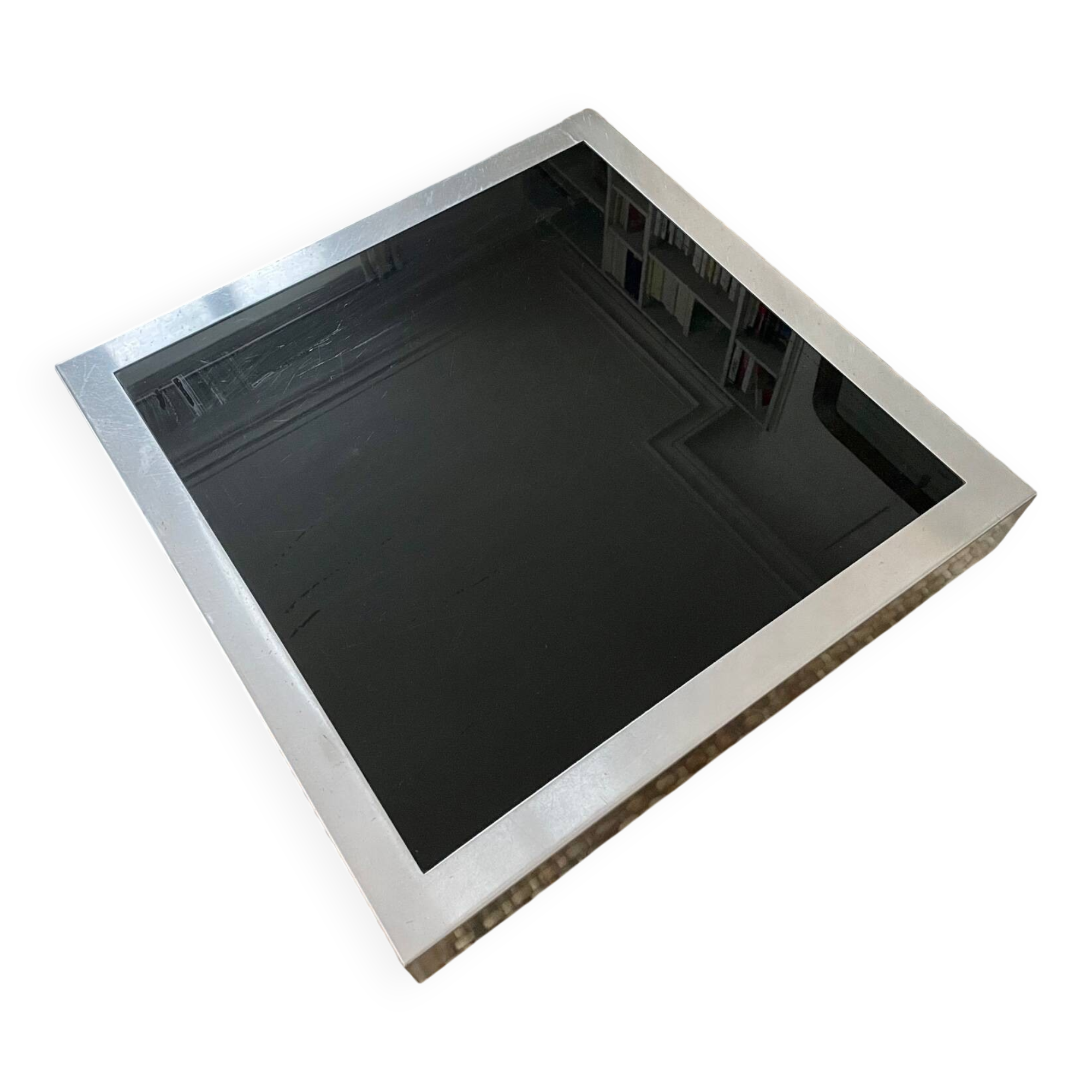 Coffee table – Black glass and brushed metal – 1970s