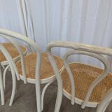 Set of 4 Vintage Thonet Style Dining Chairs: White Wood & Cane Seat