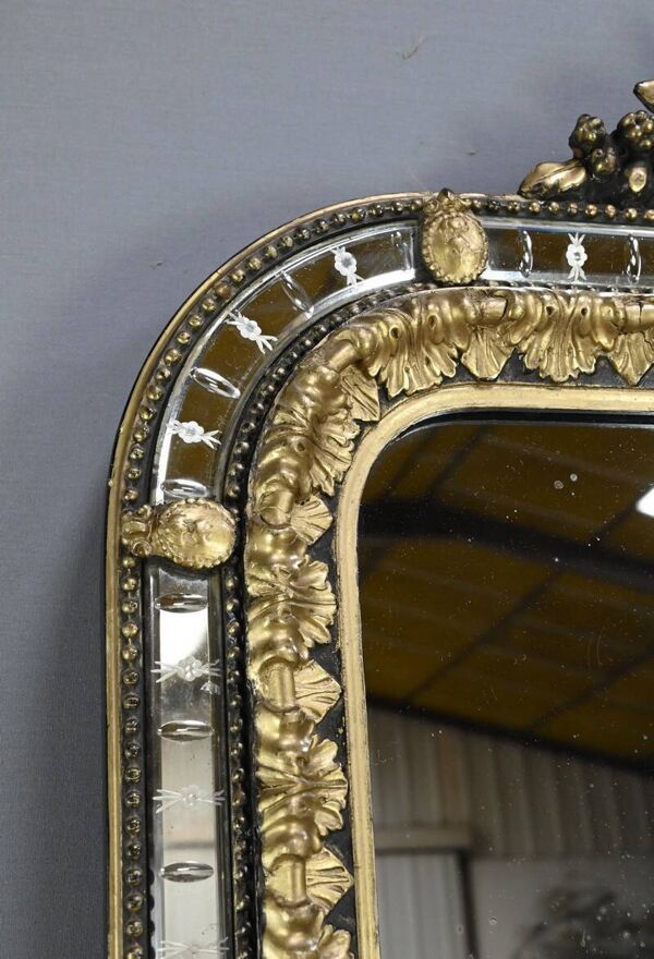 Grand Miroir à Parcloses en Bois doré et Bois noirci, style Napoléon III –
