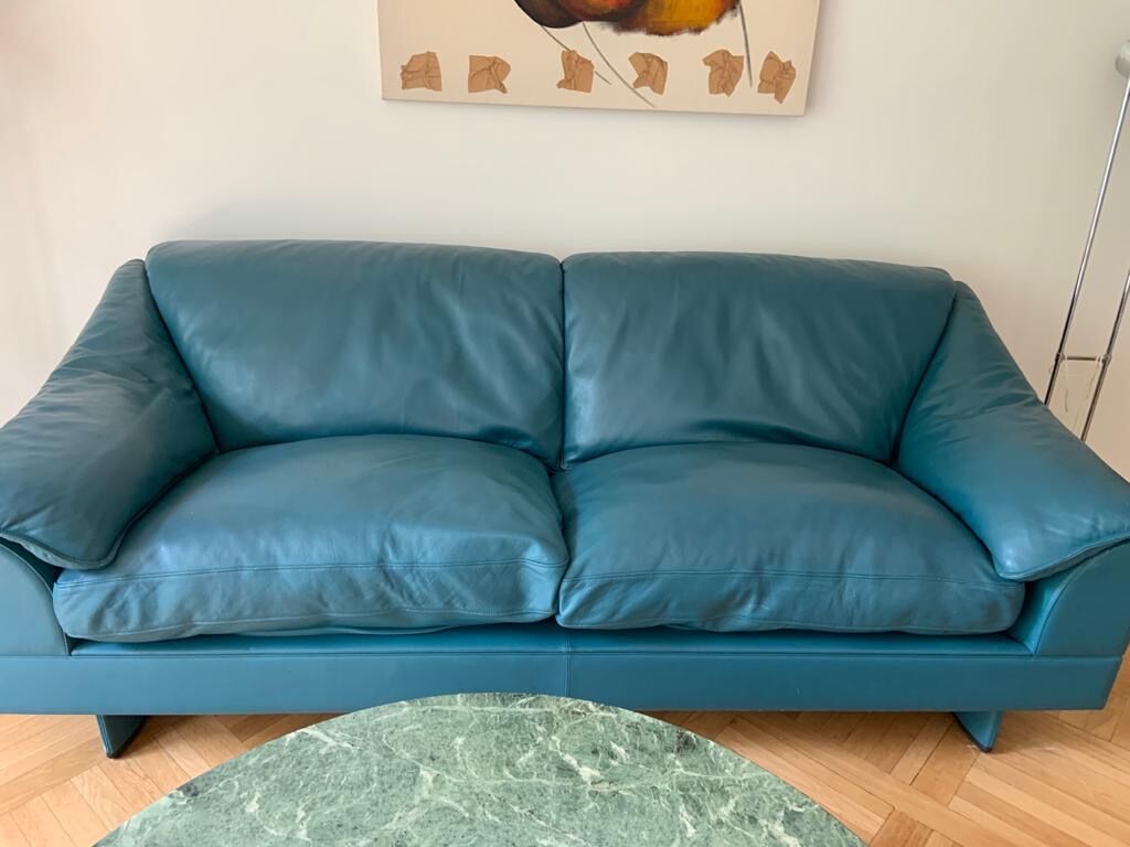 Blue Leather Sofa Oil Poltrona Frau Italy 1980s