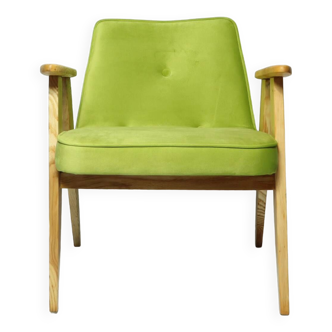 Original Vintage Armchair Lounge Chair Mid Century Living Room Upholstered Renovated Green Velvet Oak Wooden Armchair Oil Natural Wood
