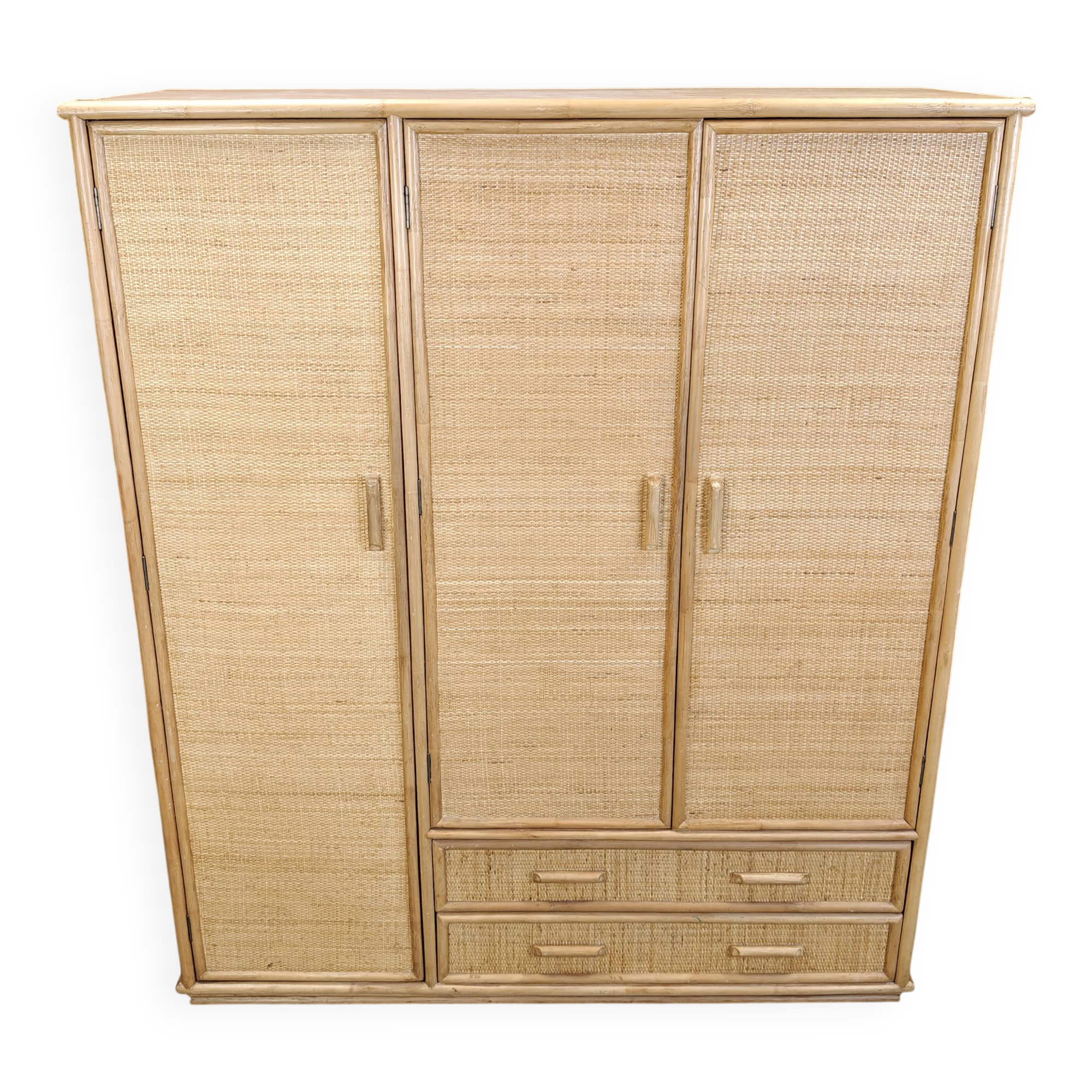 Armoire vintage italienne en rotin et bambou, années 1960