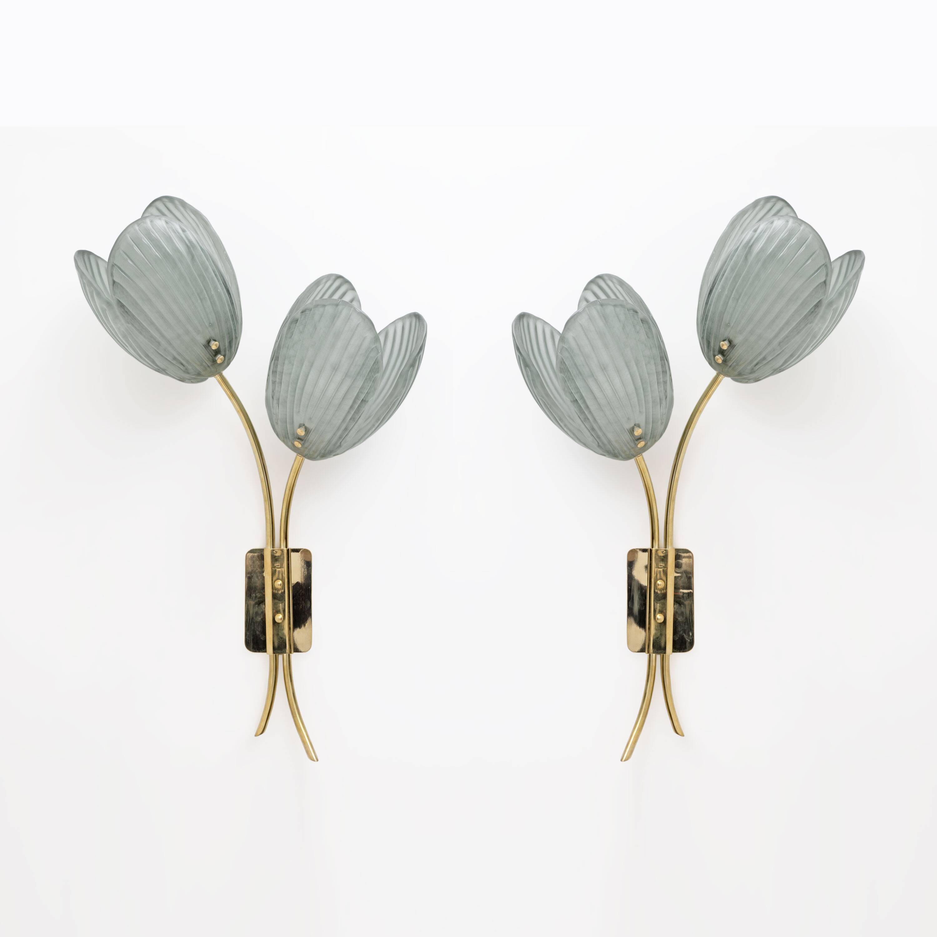 Pair of Tulips Murano Glass and Brass Sconces