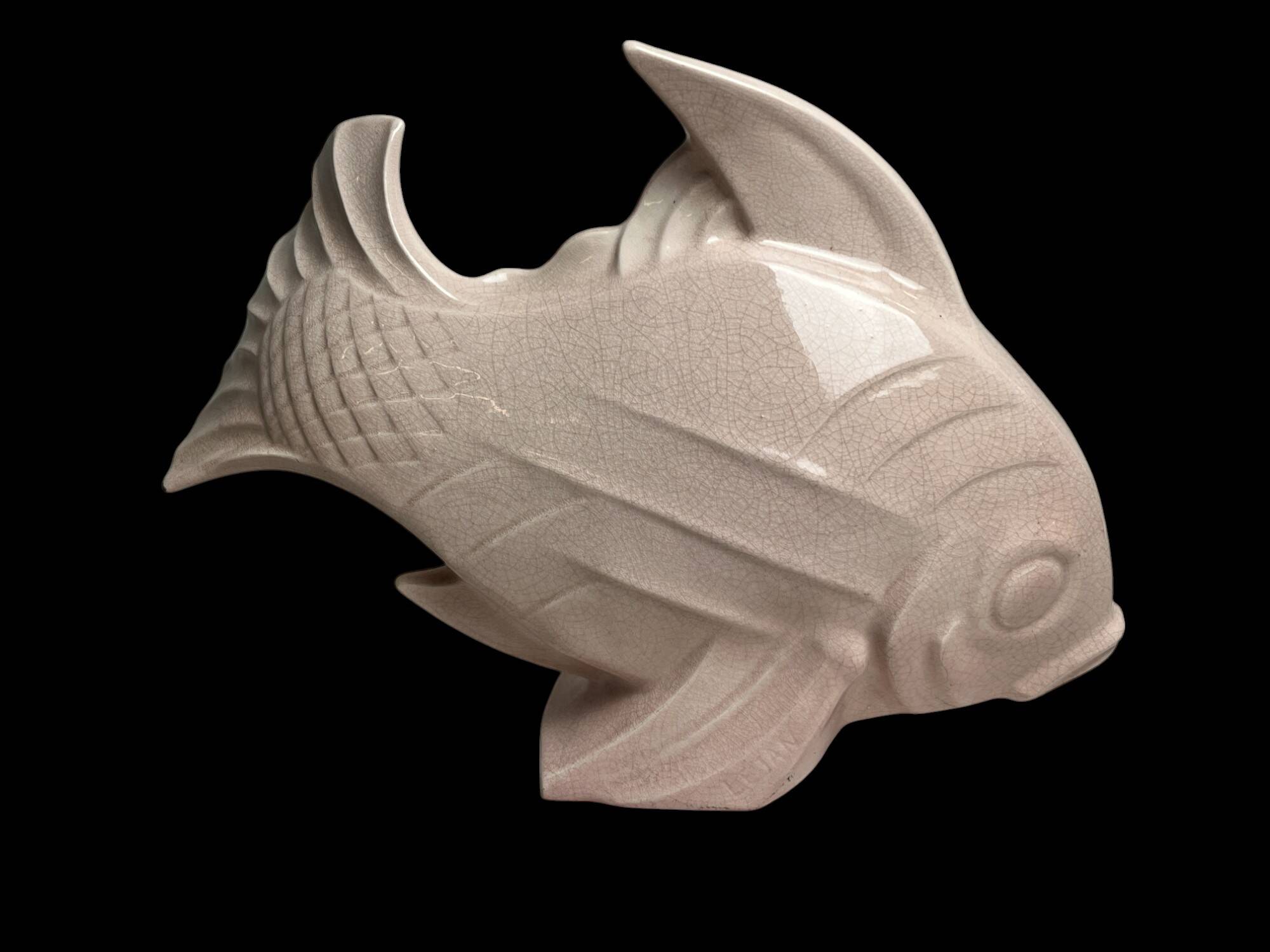 Le jan, large art deco cracked earthenware fish circa 1930