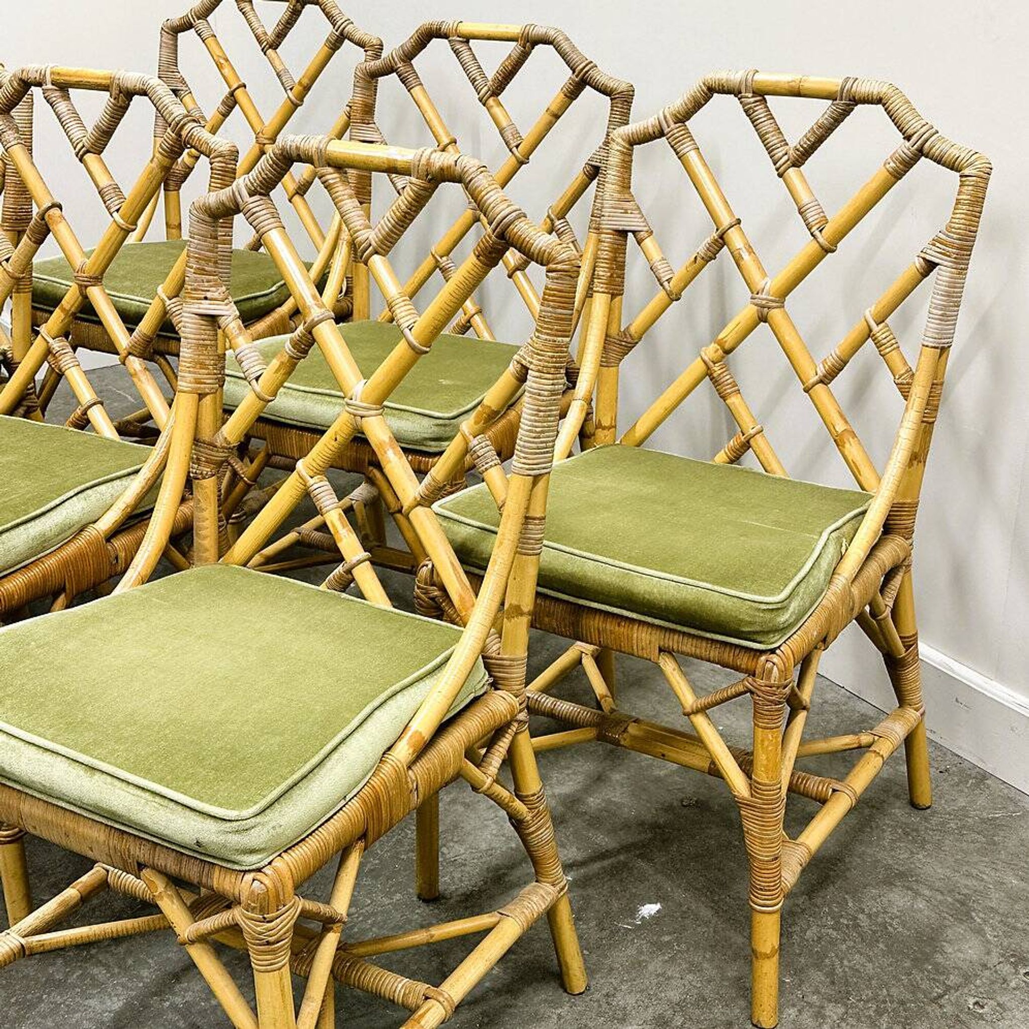 Set of six English "Invincible" bamboo and rattan chairs by Angraves, 1970s