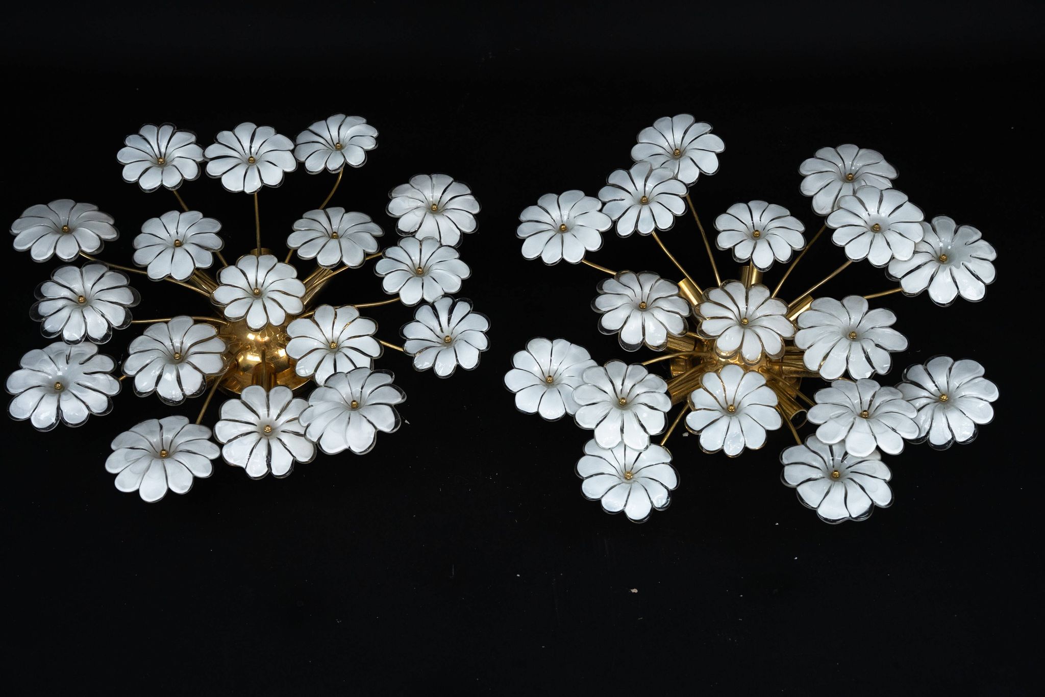 Pair of Murano white flower ceiling lamps. Italy 1980s